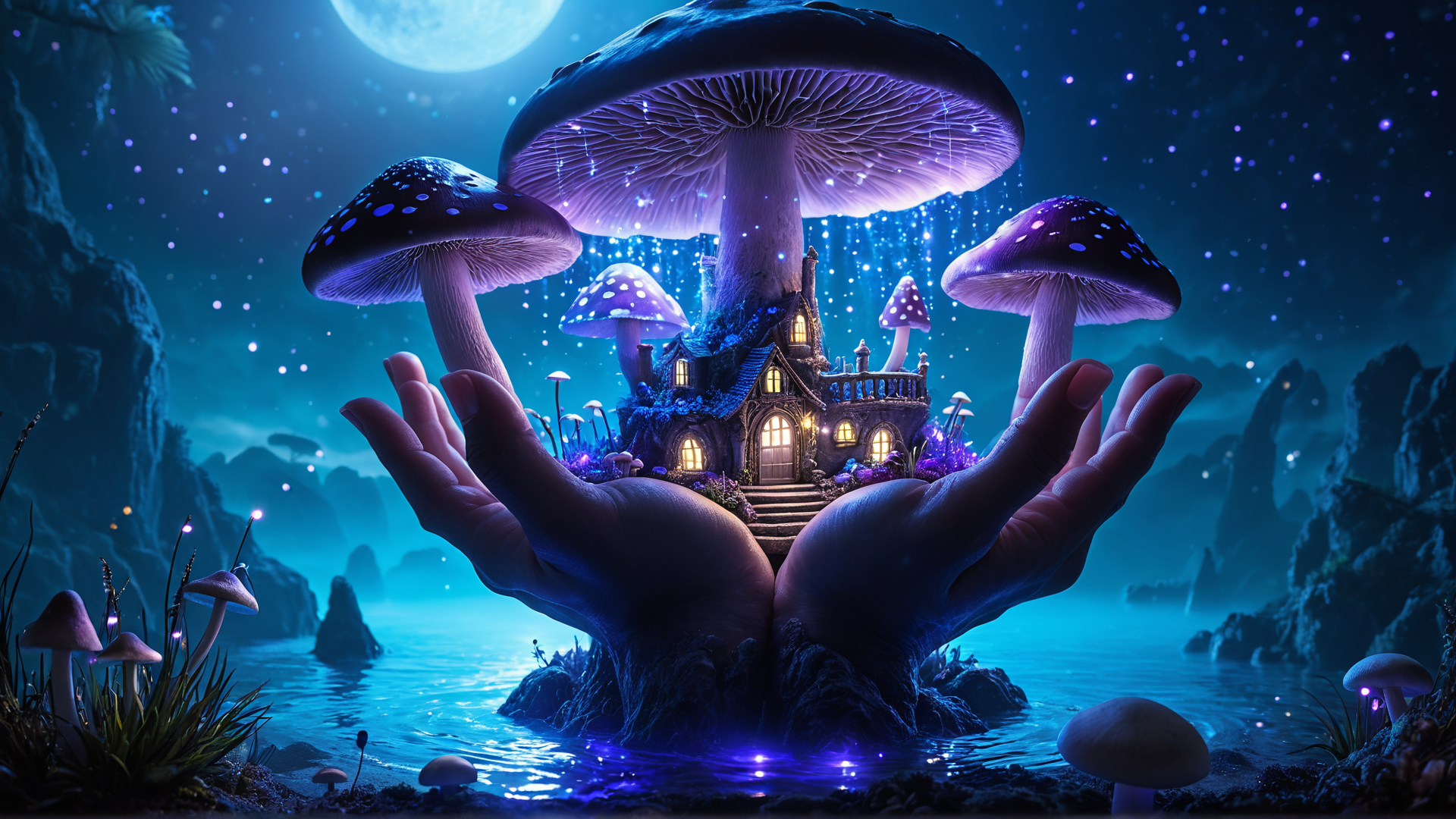 AI generated wallpaper featuring hands, mushroom, house, fairy, moon, stars, water, rocks, plants