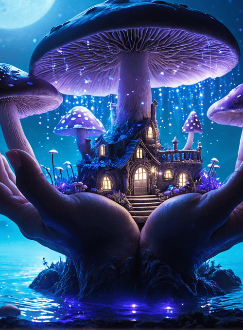 hands, mushroom, house, fairy, moon, stars, water, rocks, plants