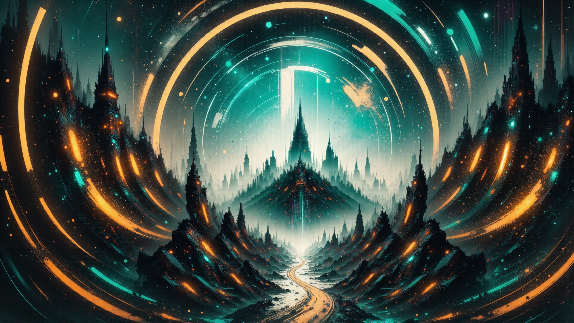 AI generated wallpaper featuring castle, city, mountain, river, ring, space, tower, light, star, sky