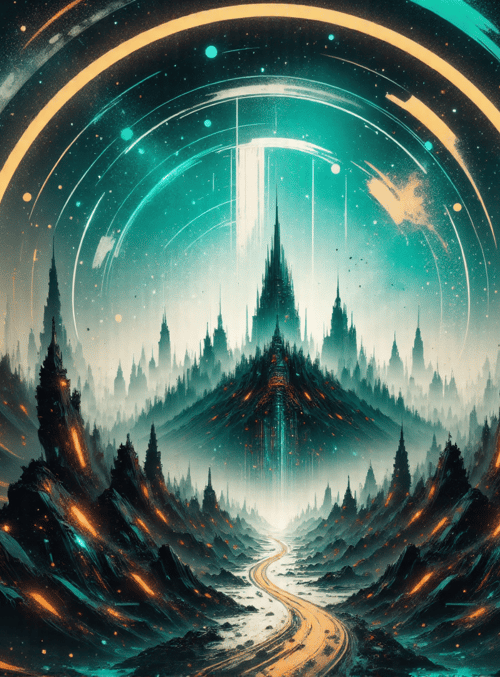 castle, city, mountain, river, ring, space, tower, light, star, sky