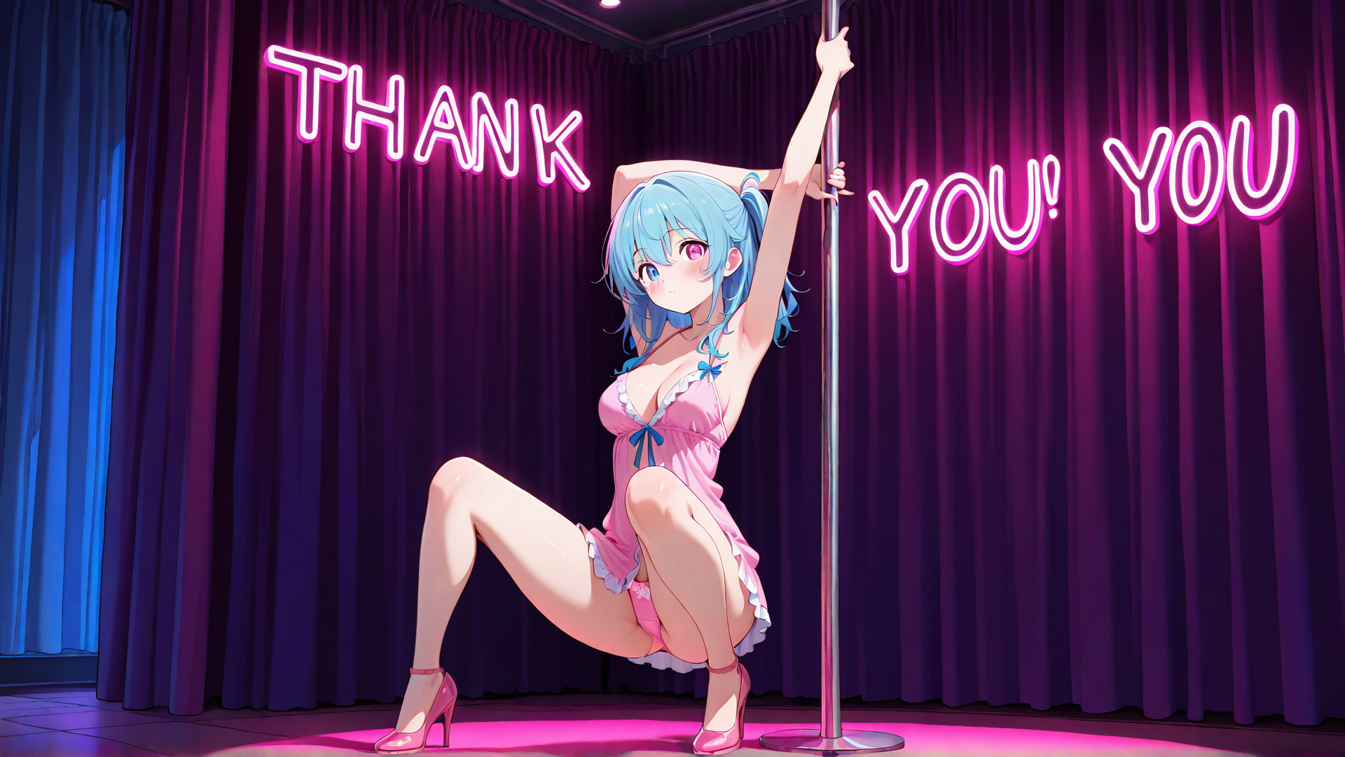 AI generated wallpaper featuring anime girl, pole dancer, neon sign
