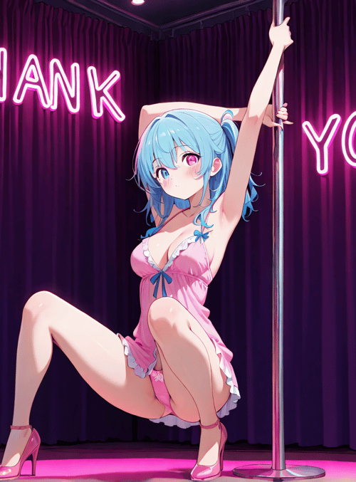 anime girl, pole dancer, neon sign