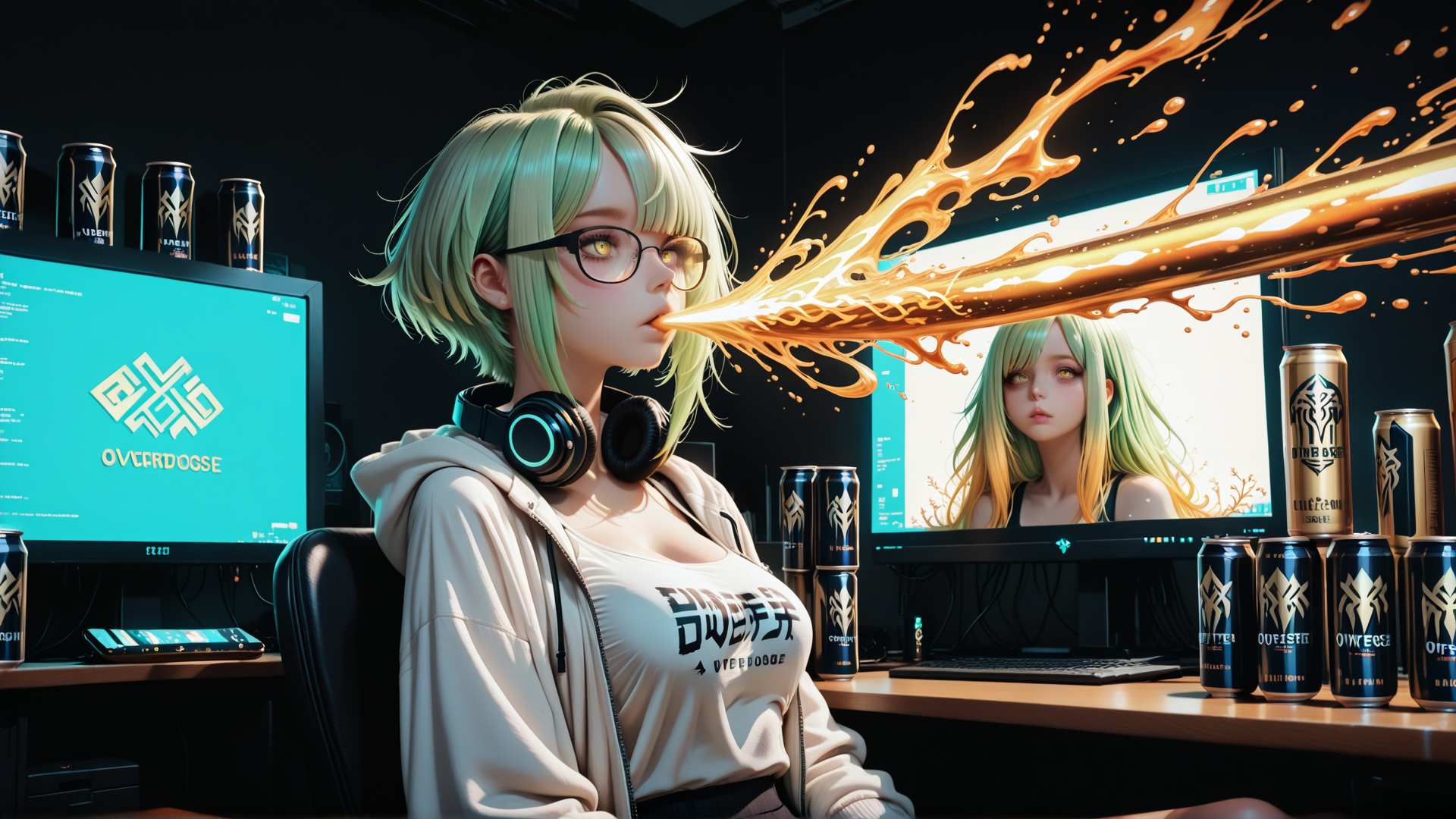 AI generated wallpaper featuring girl, gamer, computer, monitor, can, headphones, streamer, liquid, logo, sweat