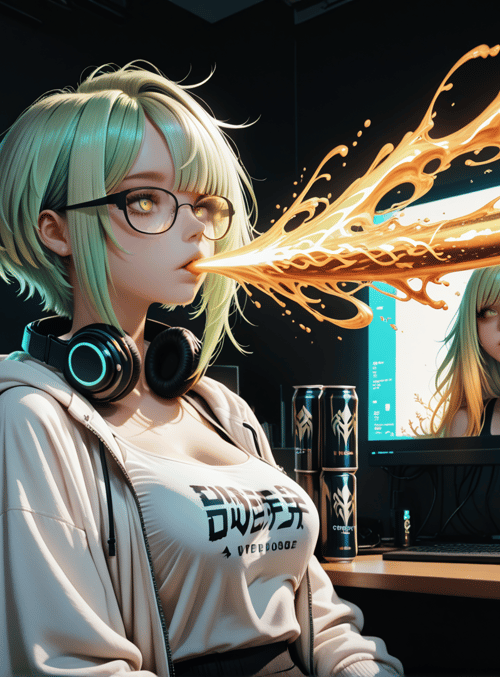 girl, gamer, computer, monitor, can, headphones, streamer, liquid, logo, sweat