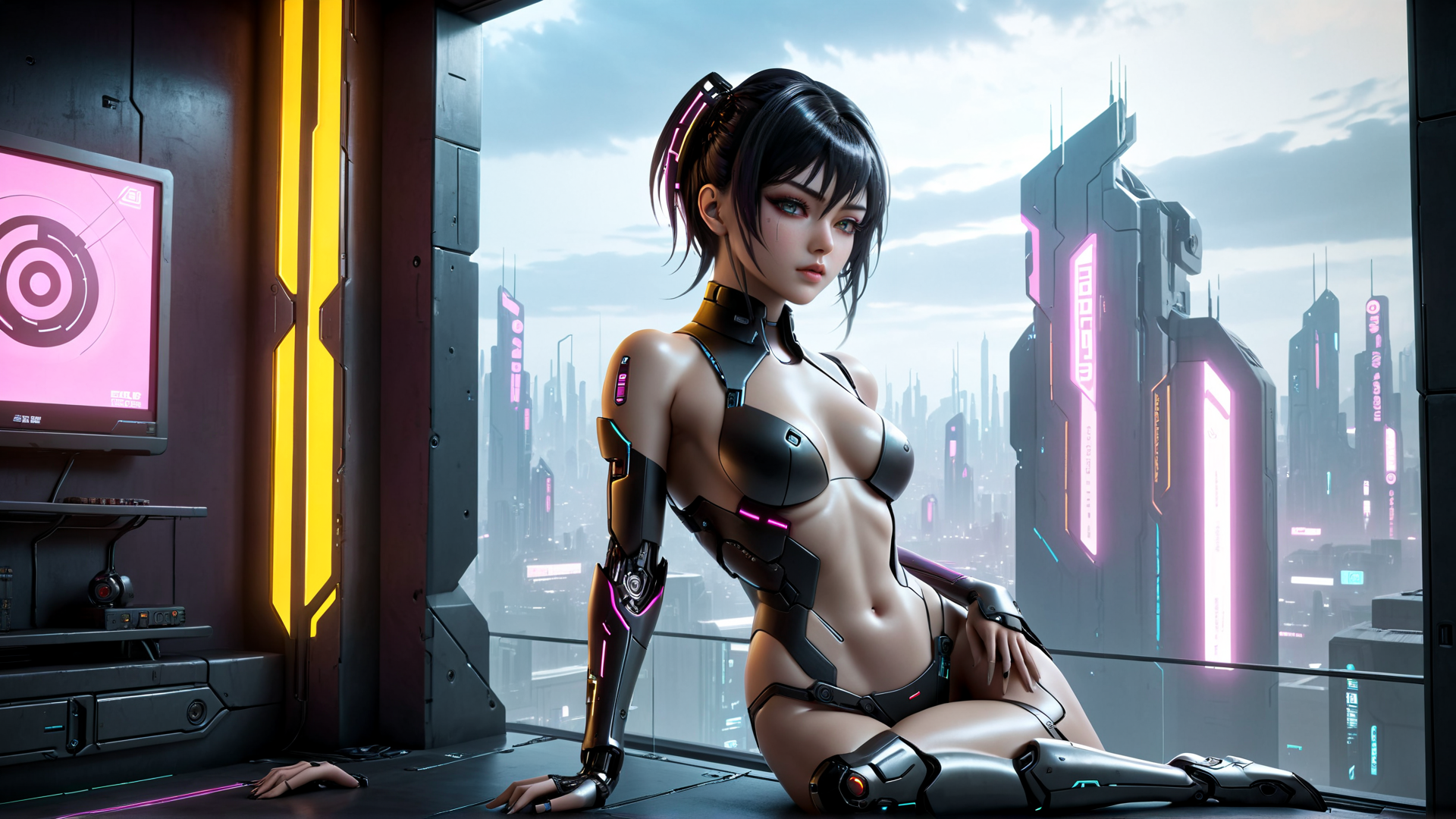 AI generated wallpaper featuring cyborg, woman, cityscape