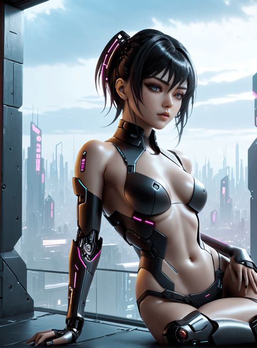 cyborg, woman, cityscape
