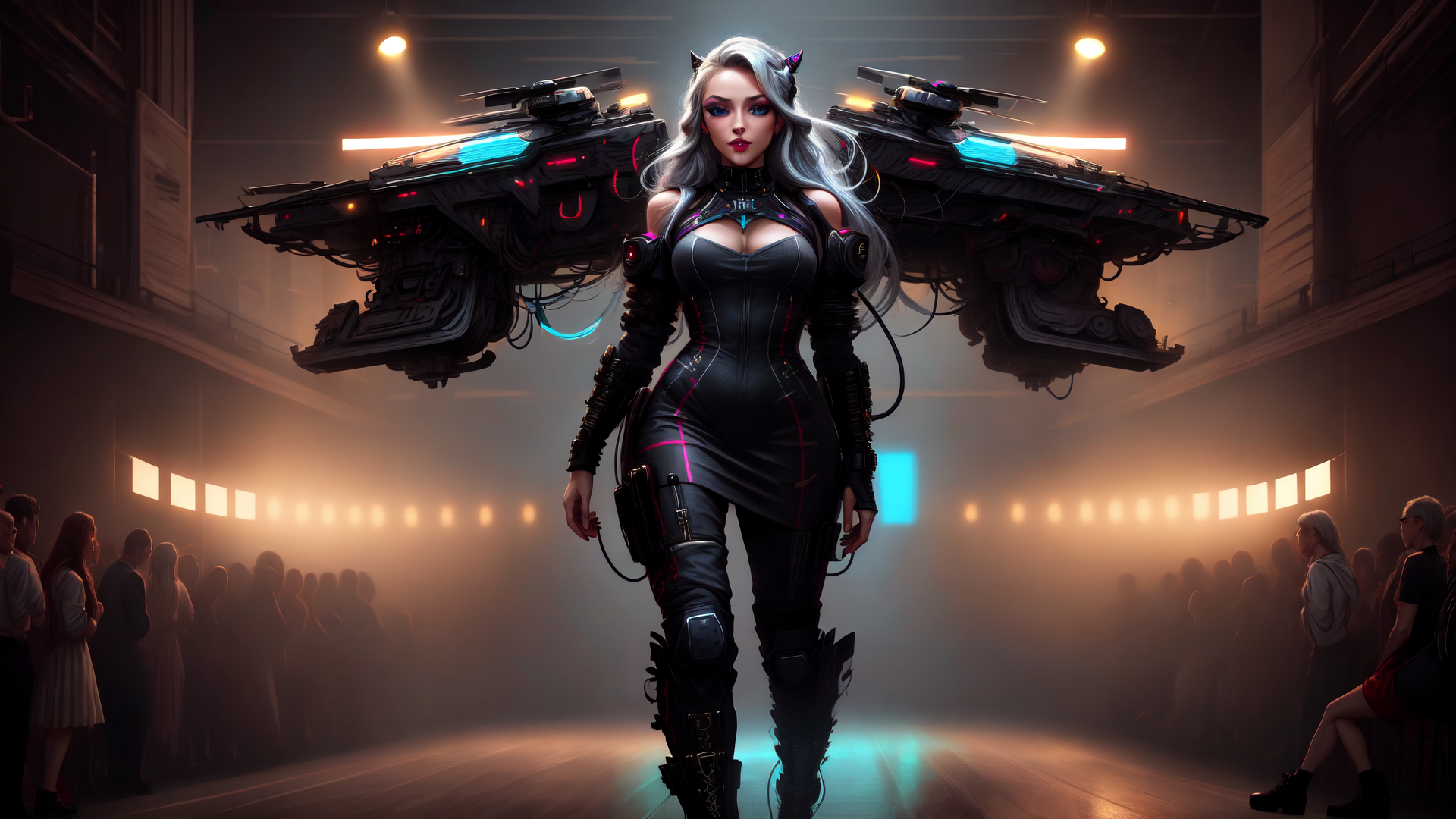 AI generated wallpaper featuring cyborg, futurist, woman, mechanical, armor, helicopter, audience, glow, robot, fashion