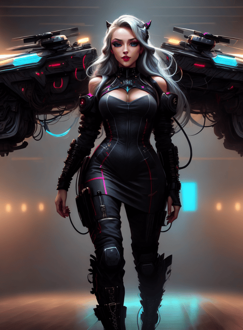 cyborg, futurist, woman, mechanical, armor, helicopter, audience, glow, robot, fashion