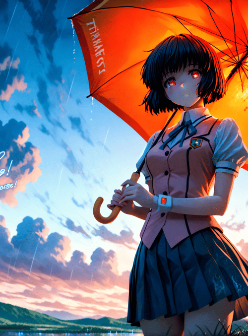 girl, umbrella, school uniform