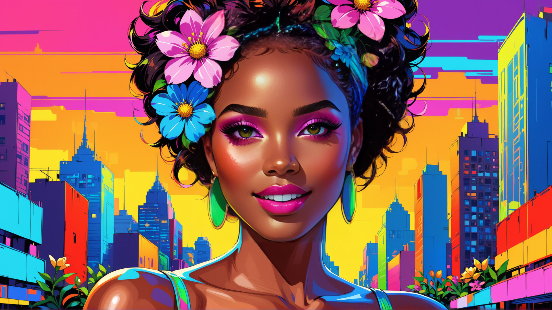 AI generated wallpaper featuring woman, cityscape, flowers