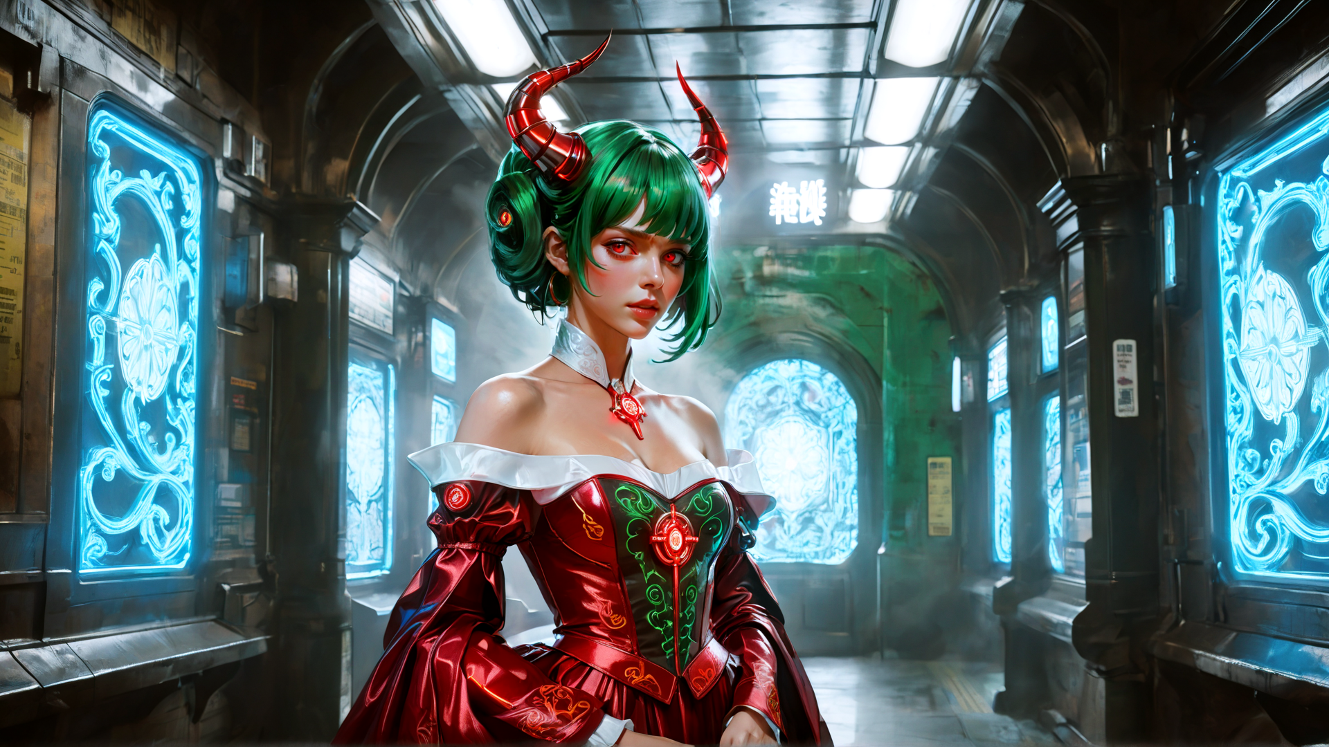 AI generated wallpaper featuring woman, devil, demon, anime, character, railway, station, corset, horn, green