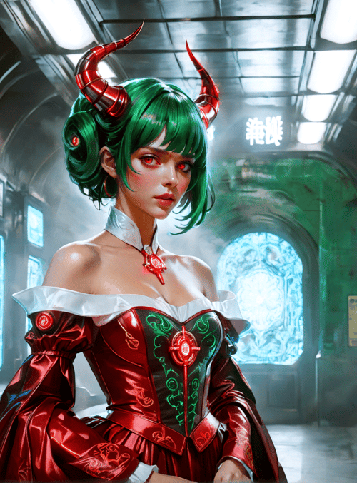 woman, devil, demon, anime, character, railway, station, corset, horn, green