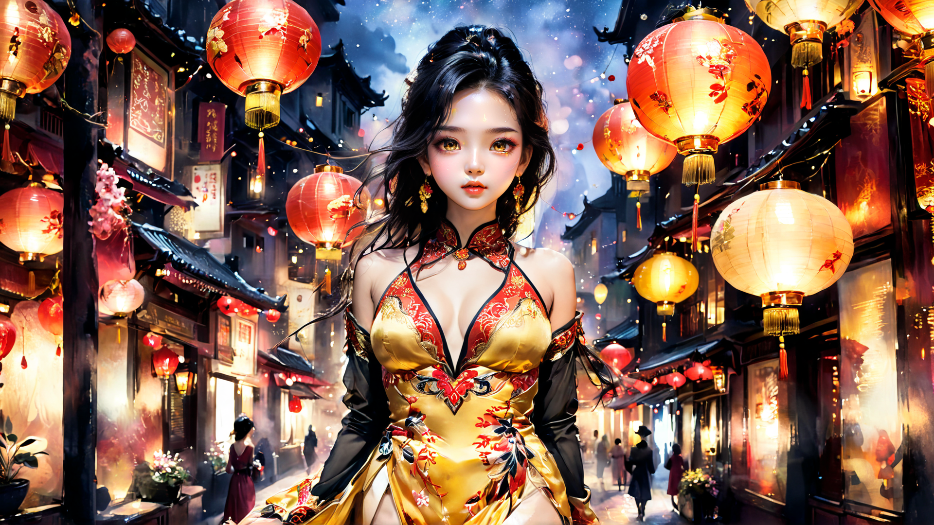AI generated wallpaper featuring woman, lanterns, street