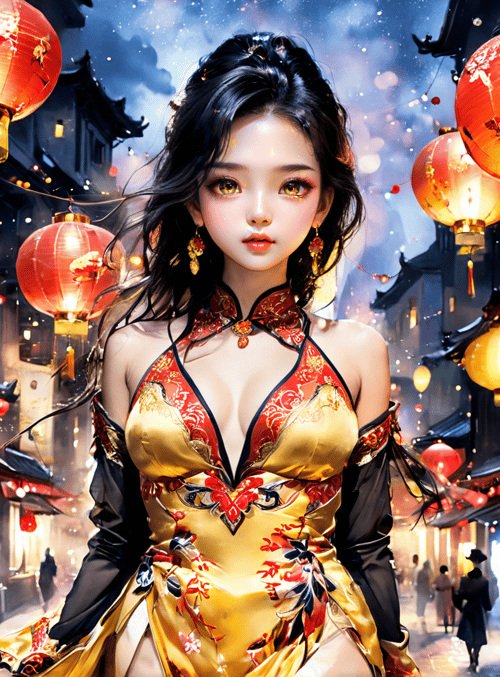 woman, lanterns, street