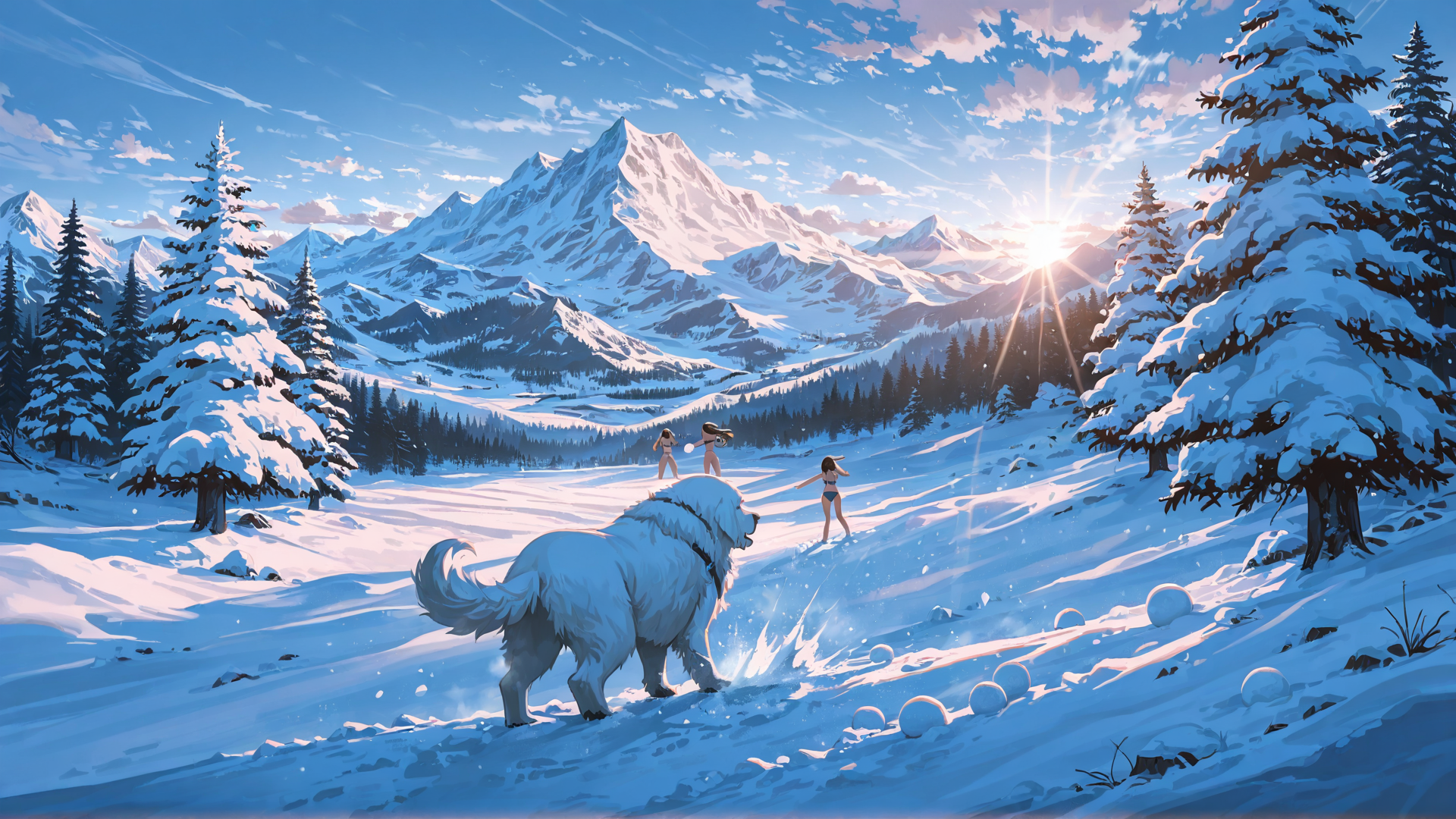 AI generated wallpaper featuring dog, people, snow, mountains, trees, sun, sunset, snowballs, winter, landscape