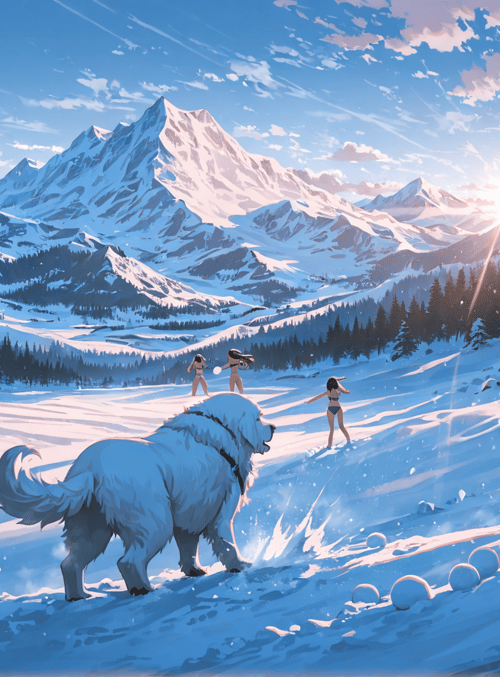 dog, people, snow, mountains, trees, sun, sunset, snowballs, winter, landscape