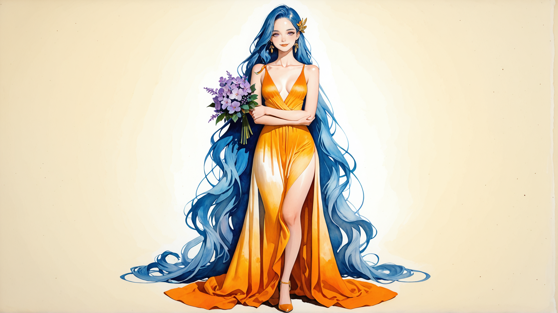 AI generated wallpaper featuring woman, bridal, gown, hair, flowers, dress, sash, heels, bouquet, jewelry