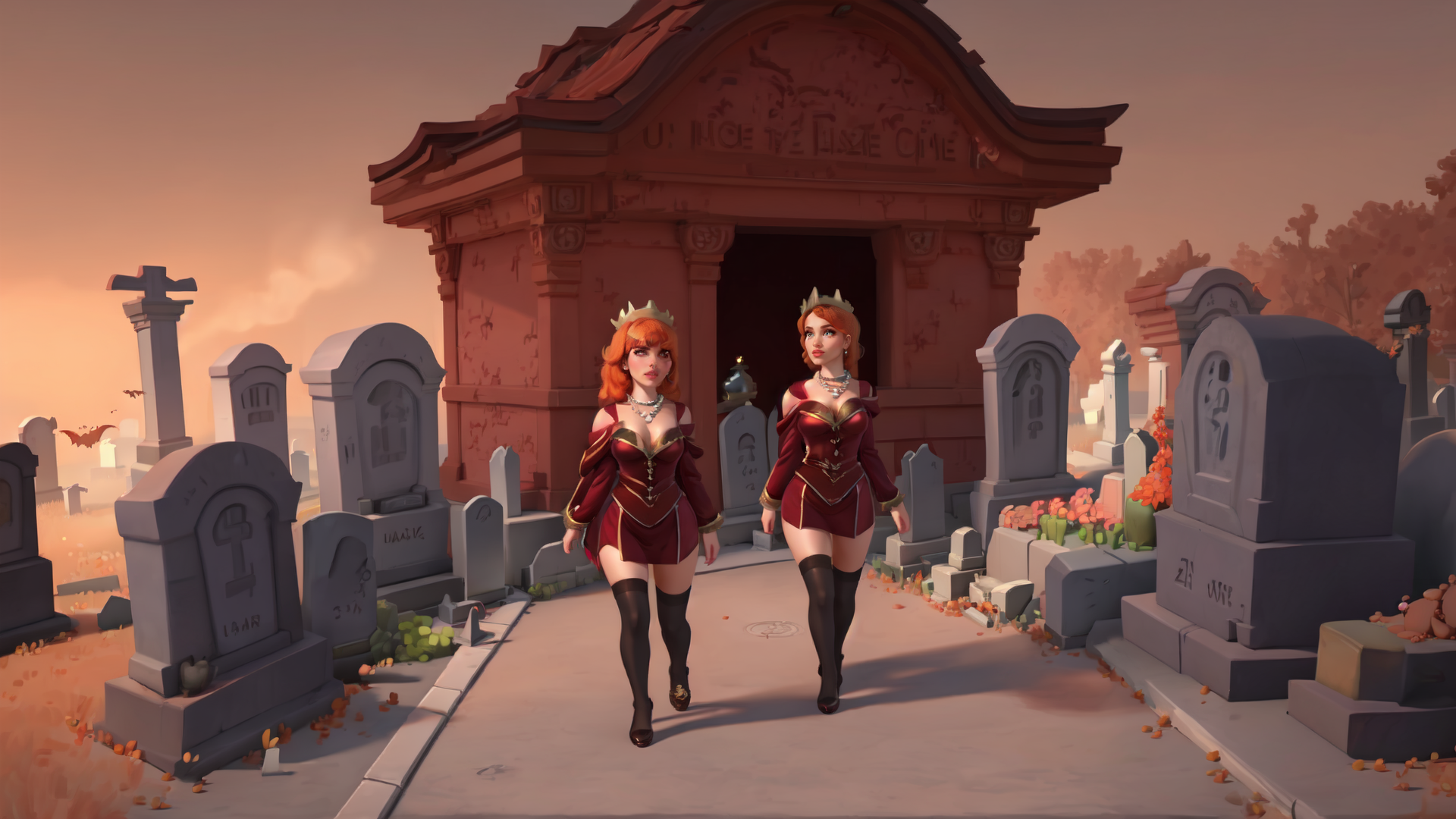 AI generated wallpaper featuring women, mausoleum, graveyard