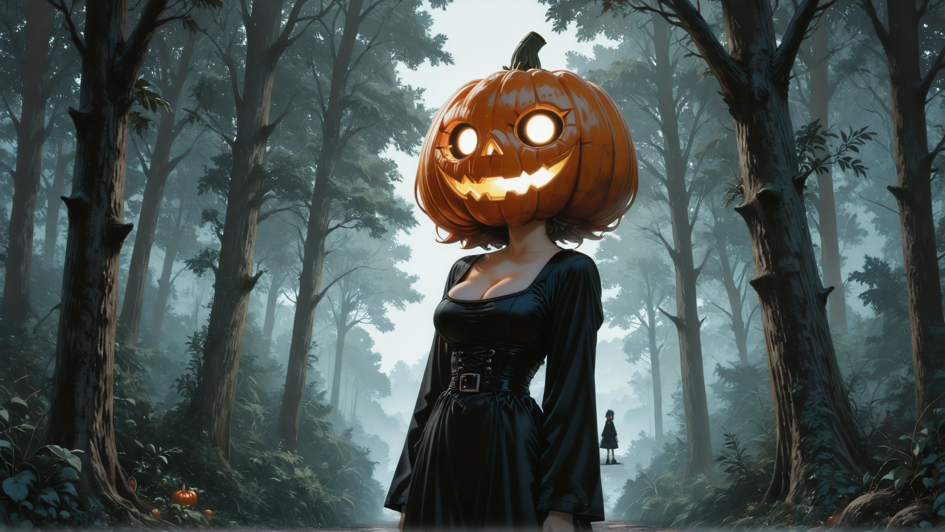 AI generated wallpaper featuring pumpkin head, woman, forest, halloween, trees, dress