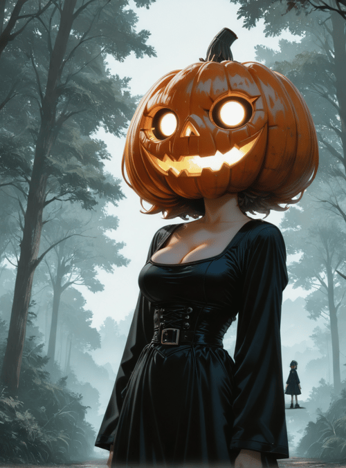 pumpkin head, woman, forest, halloween, trees, dress