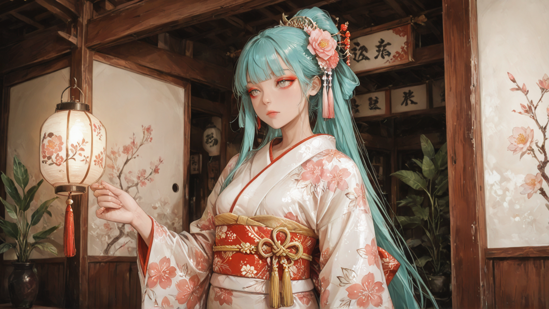 AI generated wallpaper featuring woman, lantern, kimono, cherry blossom, hair ornament, bamboo house, lantern, cherry blossom tree, plant, signboard
