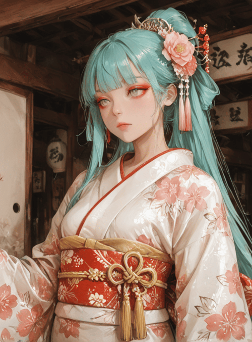 woman, lantern, kimono, cherry blossom, hair ornament, bamboo house, lantern, cherry blossom tree, plant, signboard