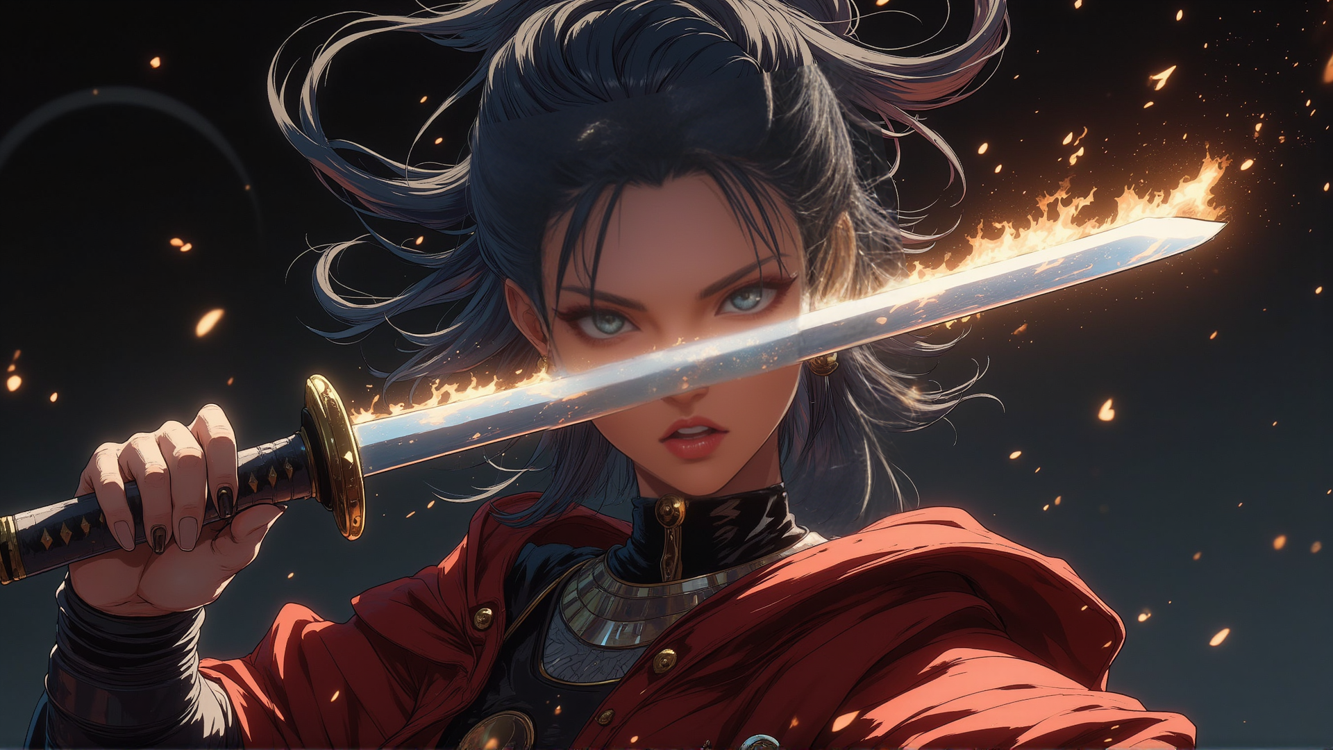 AI generated wallpaper featuring woman, sword, flames