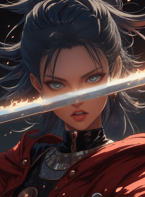 woman, sword, flames