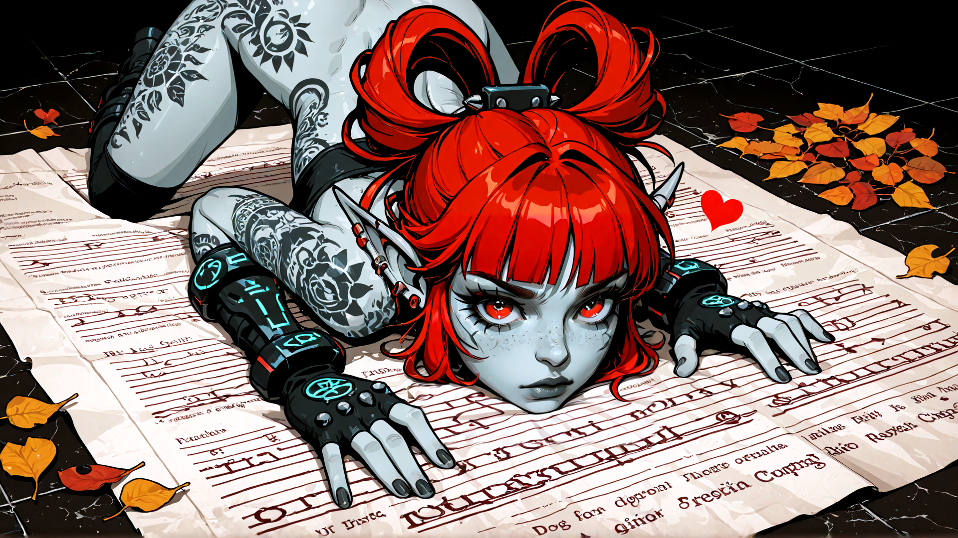 AI generated wallpaper featuring elf, girl, tattoo, red hair, gloves, document, leaves