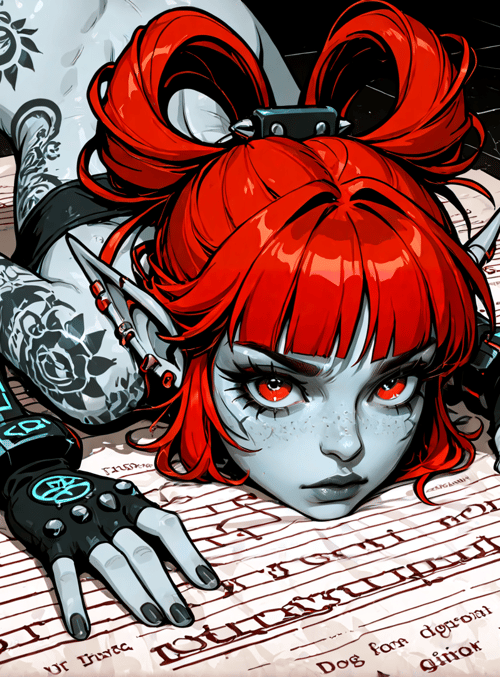 elf, girl, tattoo, red hair, gloves, document, leaves