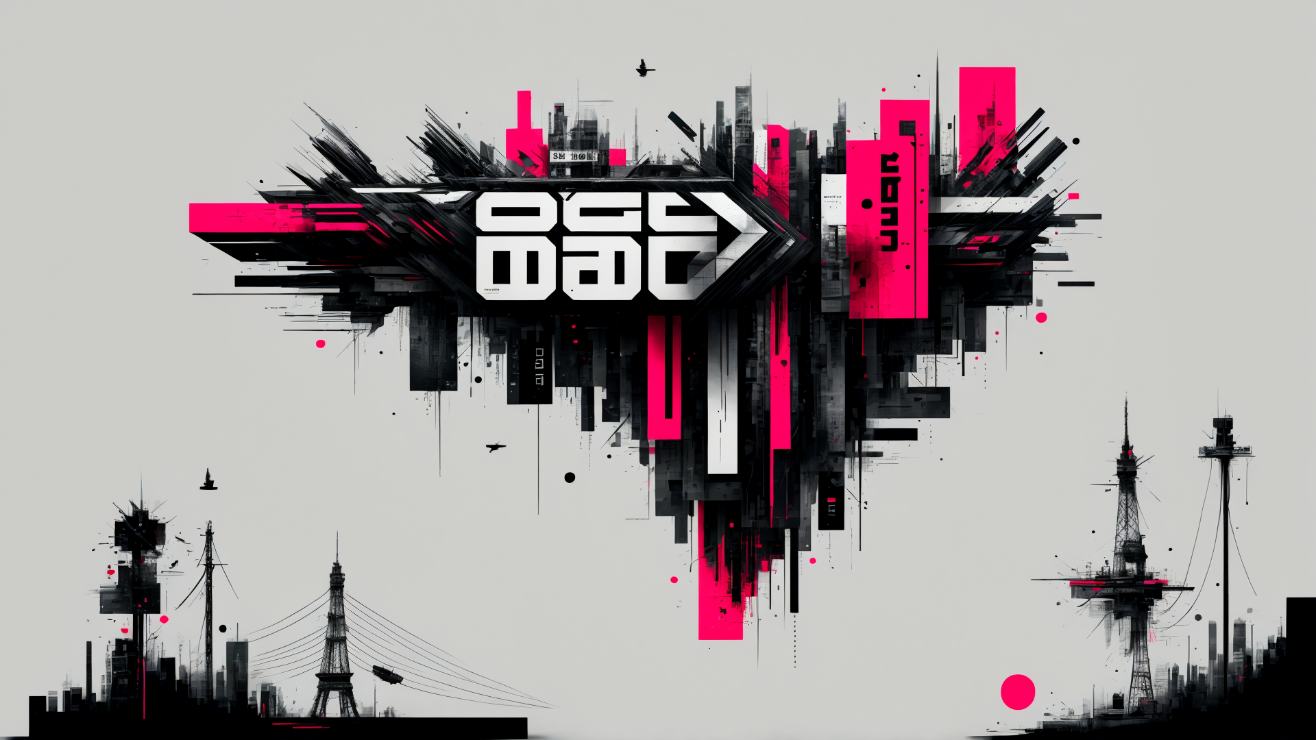 AI generated wallpaper featuring cityscape, buildings, skyscrapers, text, structures, towers, signs, scaffolding, aeroplanes, abstract