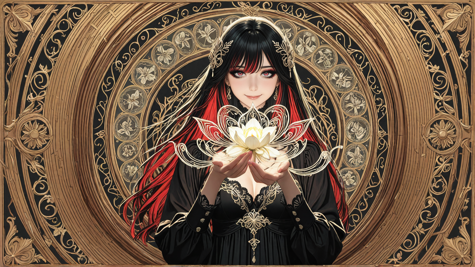 AI generated wallpaper featuring woman, lotus, ornate frame, fashionable dress, hair, jewelry