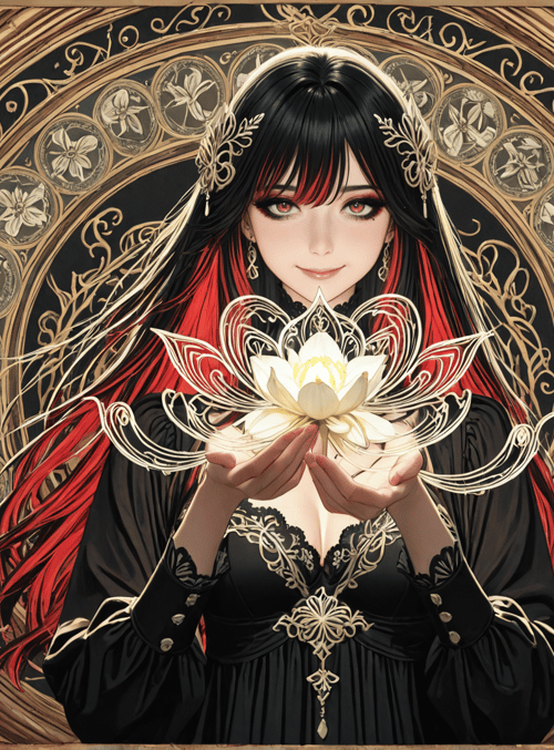 woman, lotus, ornate frame, fashionable dress, hair, jewelry