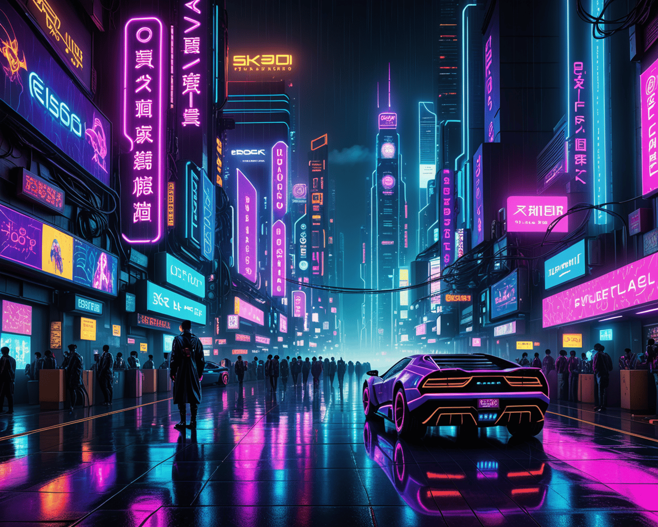 AI generated wallpaper featuring neon city, sports car, person