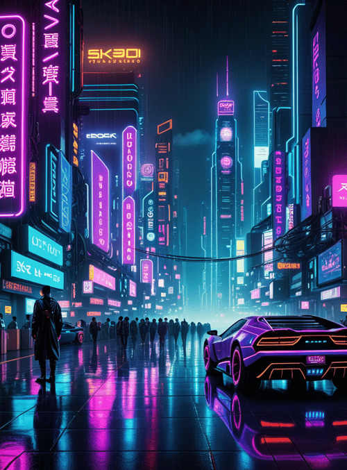 neon city, sports car, person