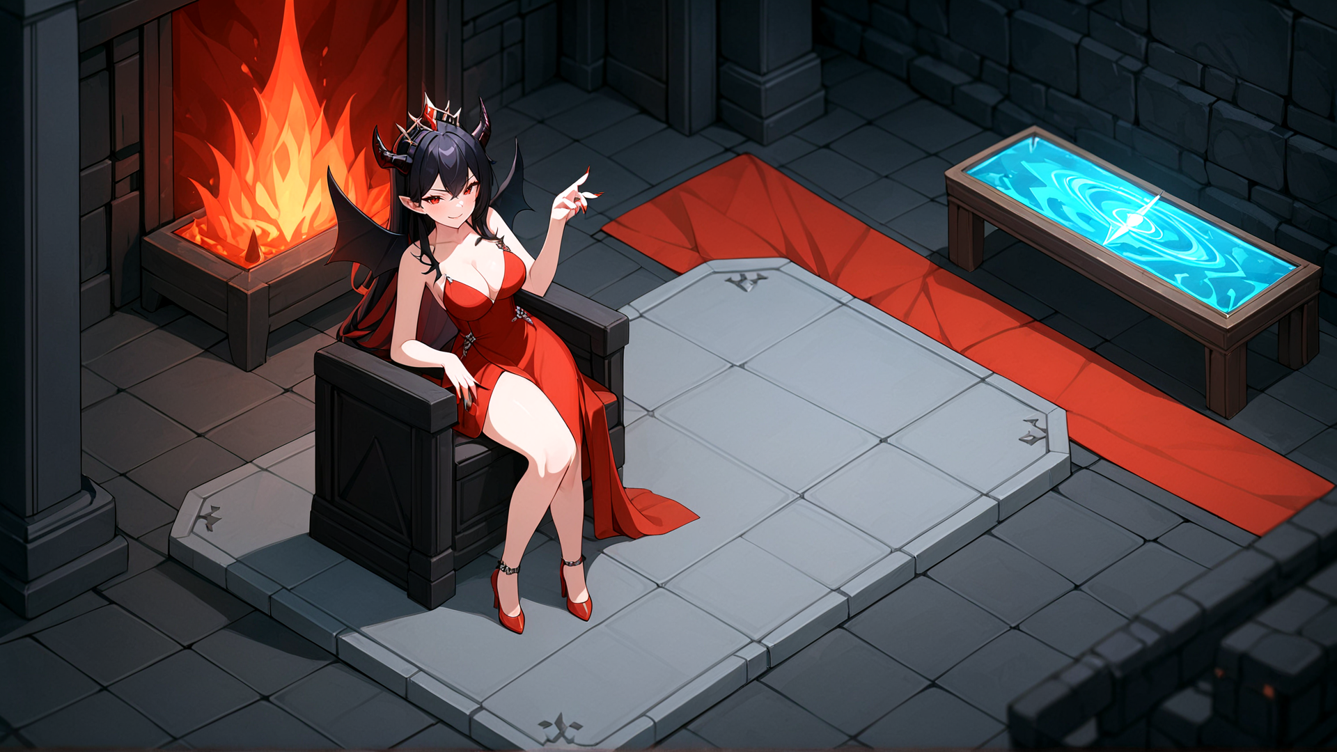 AI generated wallpaper featuring woman, devil, chair, fireplace, table, dragon, dress, heels, crown, bat