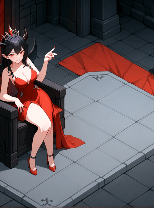 woman, devil, chair, fireplace, table, dragon, dress, heels, crown, bat