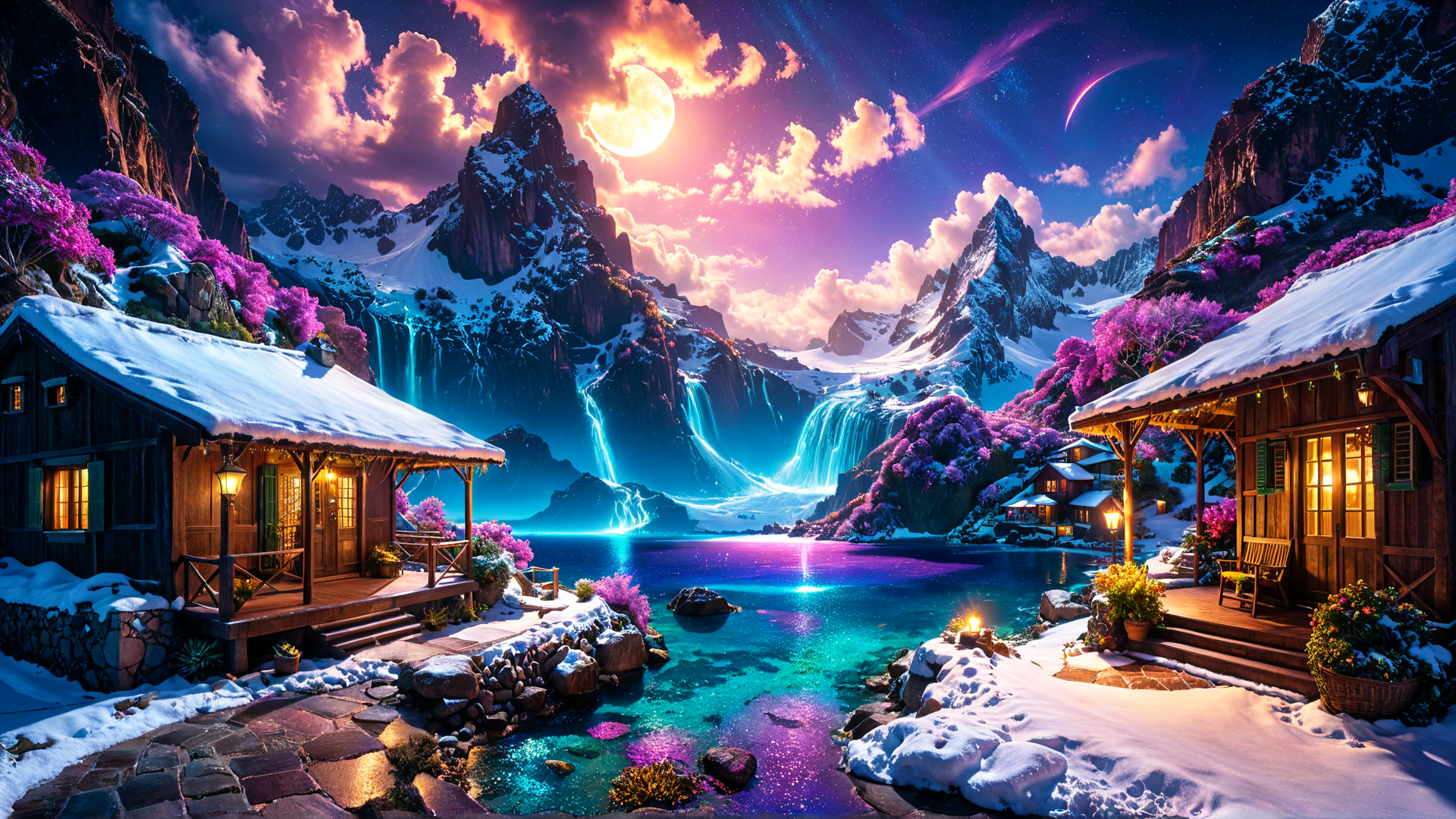 AI generated wallpaper featuring cabin, mountains, waterfall, lake, moon