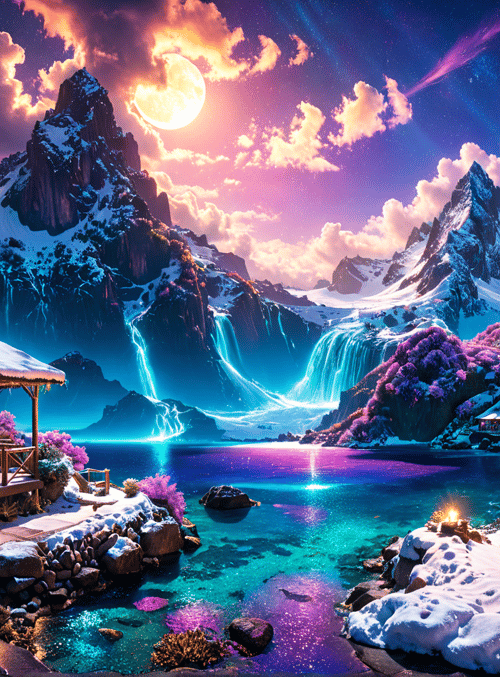 cabin, mountains, waterfall, lake, moon