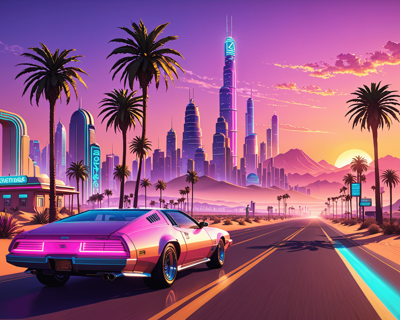 AI generated wallpaper featuring car, cityscape, palm trees