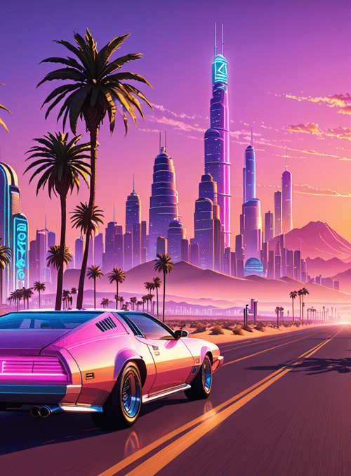 car, cityscape, palm trees