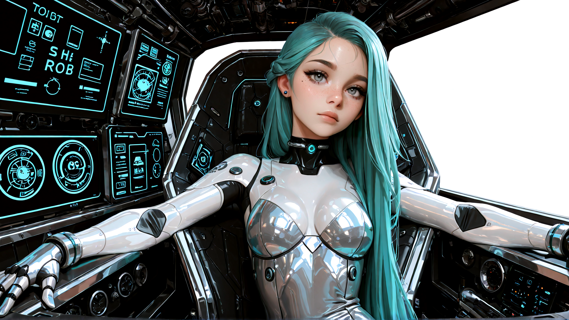 AI generated wallpaper featuring cyborg, robot, woman, spaceship, cockpit, neon, screen, gloved, hair, interface