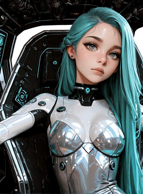 cyborg, robot, woman, spaceship, cockpit, neon, screen, gloved, hair, interface
