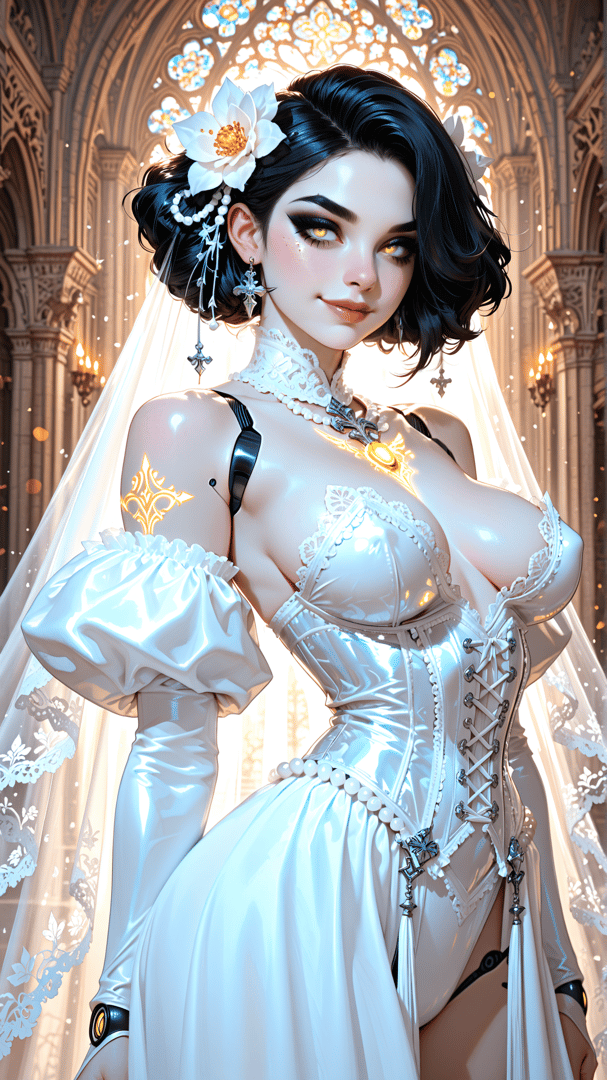 AI generated wallpaper featuring woman, bride, gown, corset, veil, flower, earring, chalice, cathedral, stained glass