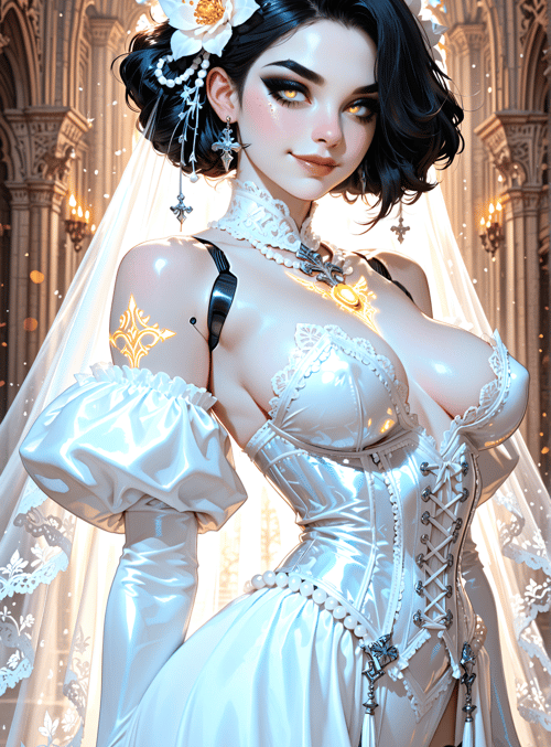 woman, bride, gown, corset, veil, flower, earring, chalice, cathedral, stained glass
