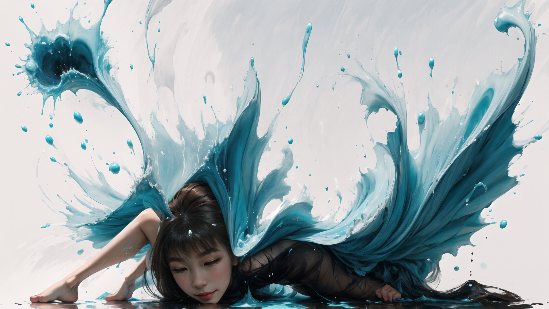 AI generated wallpaper featuring woman, water, splashes, waves, drops