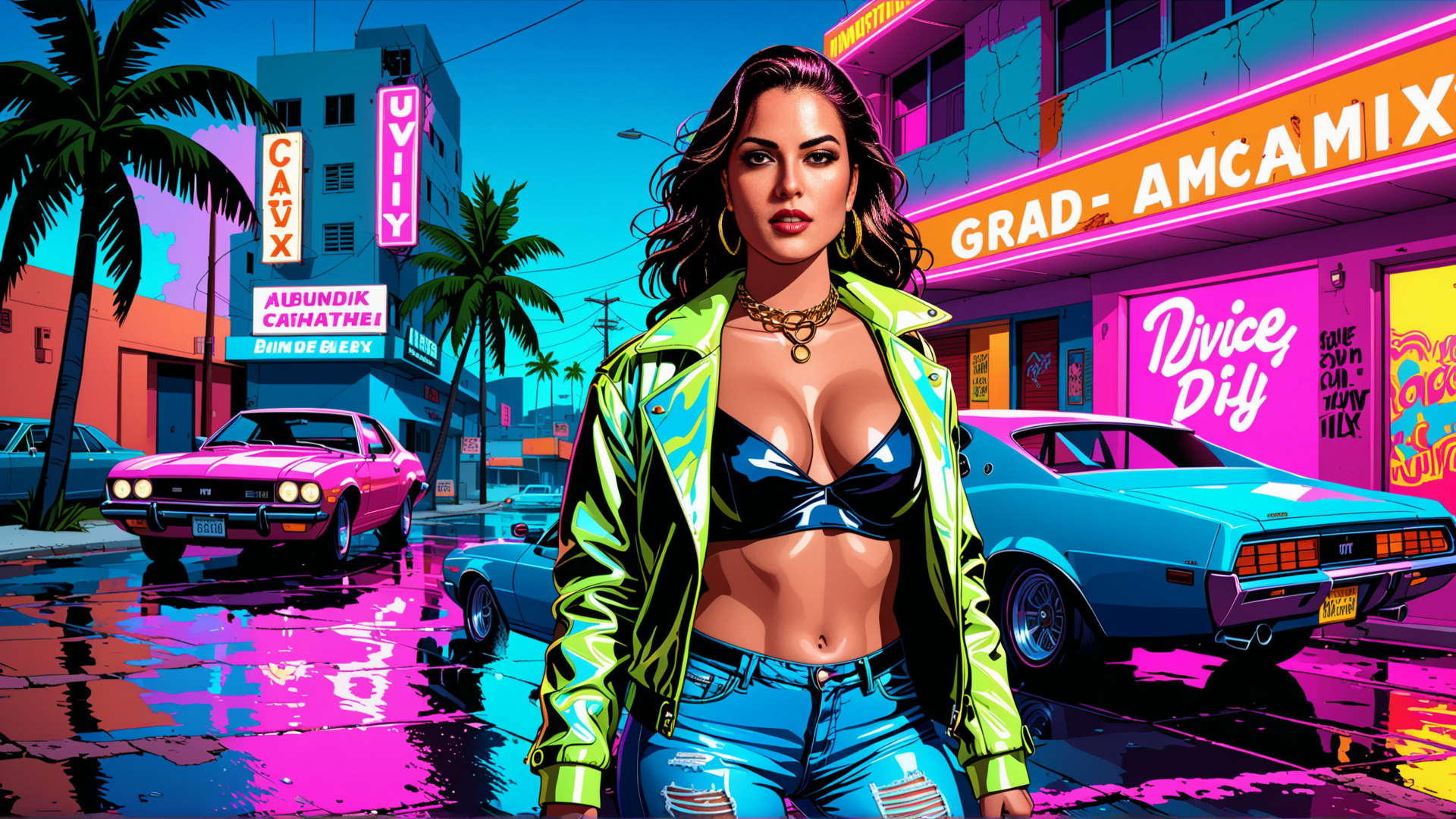 AI generated wallpaper featuring woman, cars, city