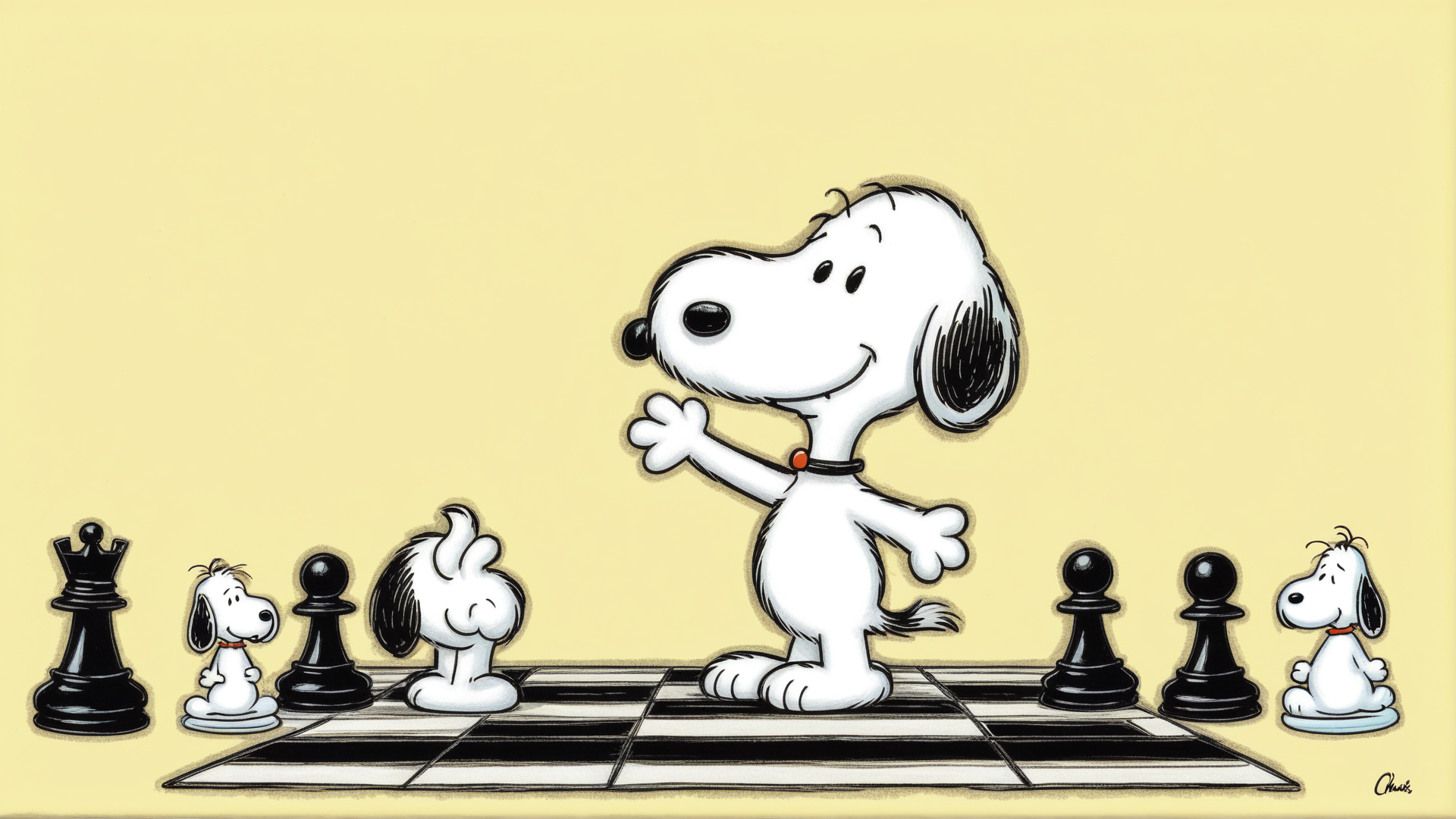 AI generated wallpaper featuring snoopy, chess, paw