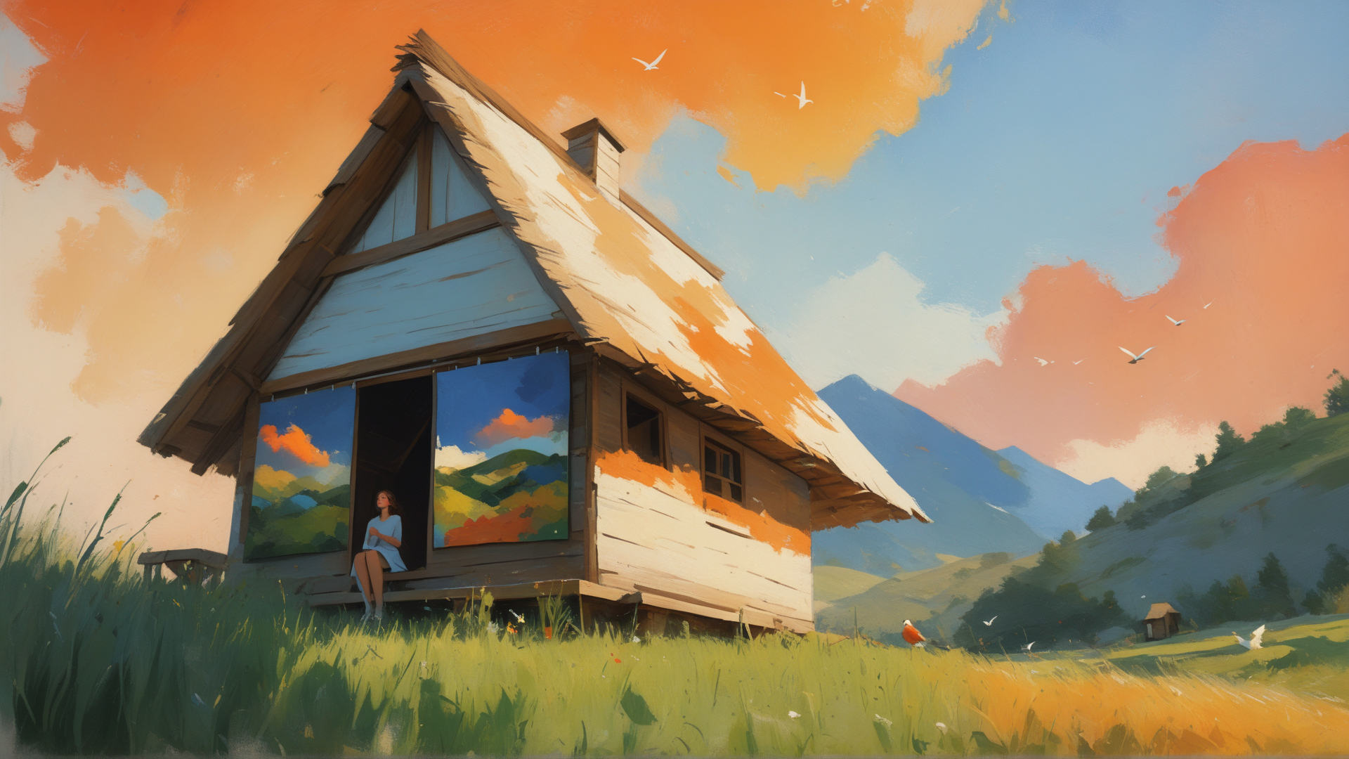 AI generated wallpaper featuring house, person, bird