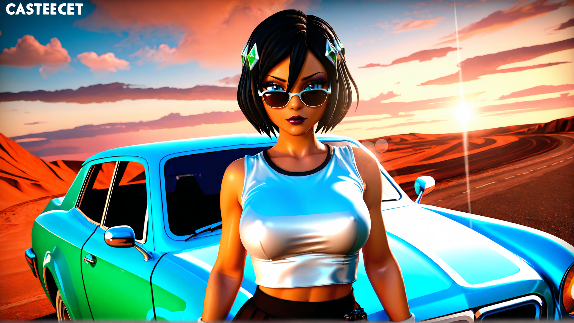 AI generated wallpaper featuring woman, car, desert, sunset